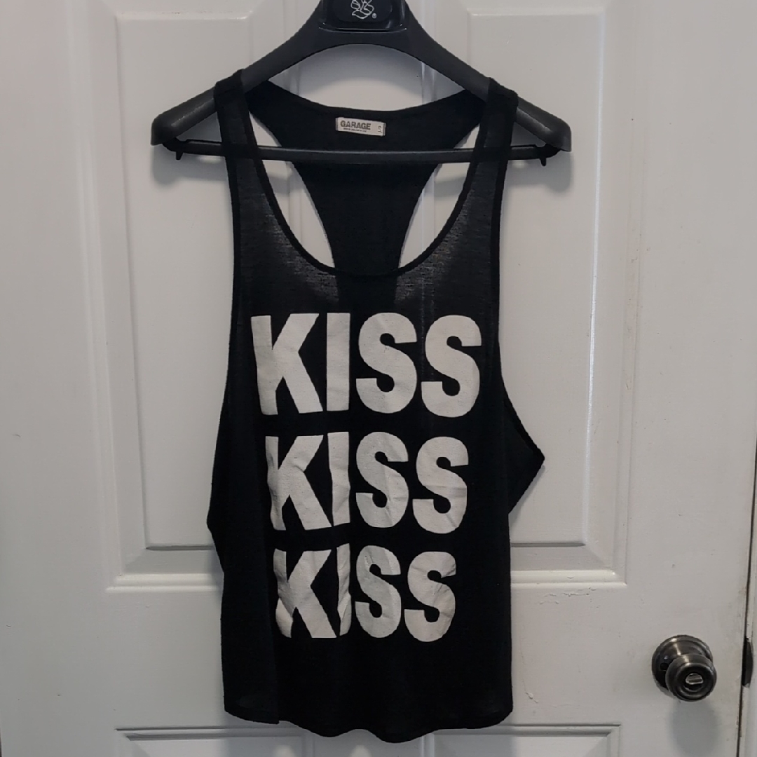 Garage Black Tank Top With White 'Kiss' Design